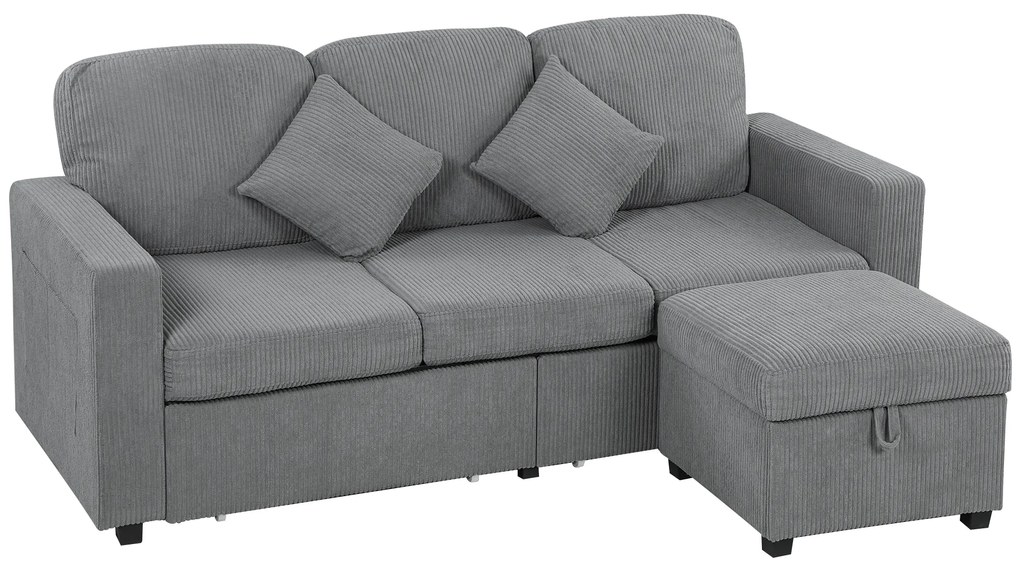 HOMCOM Divan 3 Locuri cu Pouf de Depozitare din Velur cu Nervuri 196x139x85 cm, Gri | Aosom Romania