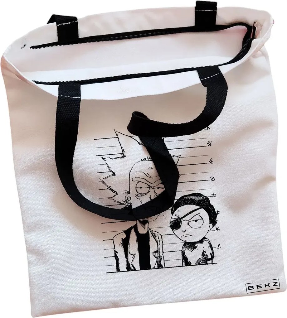 Sacosa de Panza pentru Cumparaturi, Geanta Tote, model Rick and Morty, Cu fermoar, 38x34.5 cm, Alba, BEKZ®