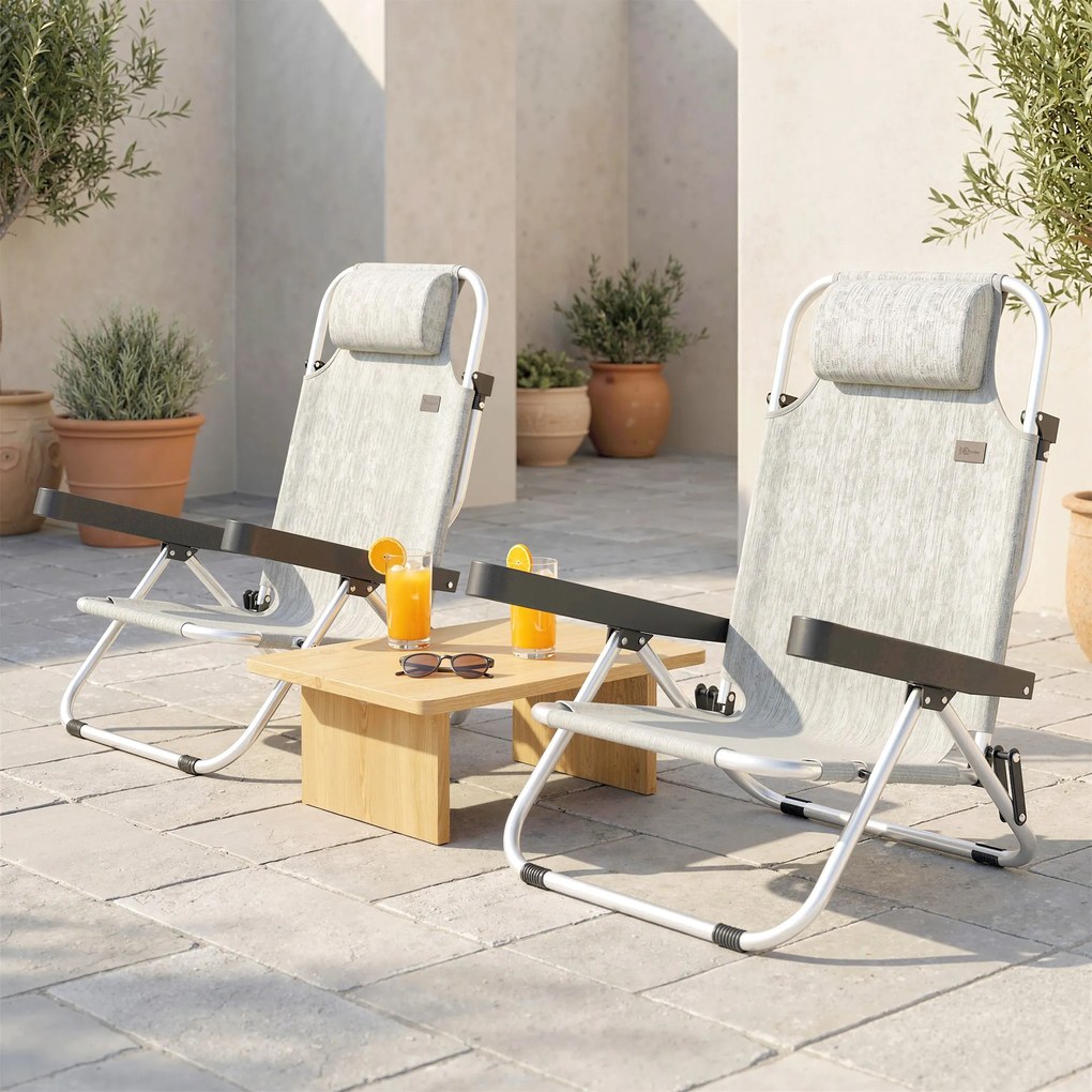 Set Outsunny 2 Șezlonguri Pliabile și Reclinabile pe 4 Poziții cu Suport pentru Cap, din Aluminiu, 62x61x80 cm, Gri | Aosom Romania