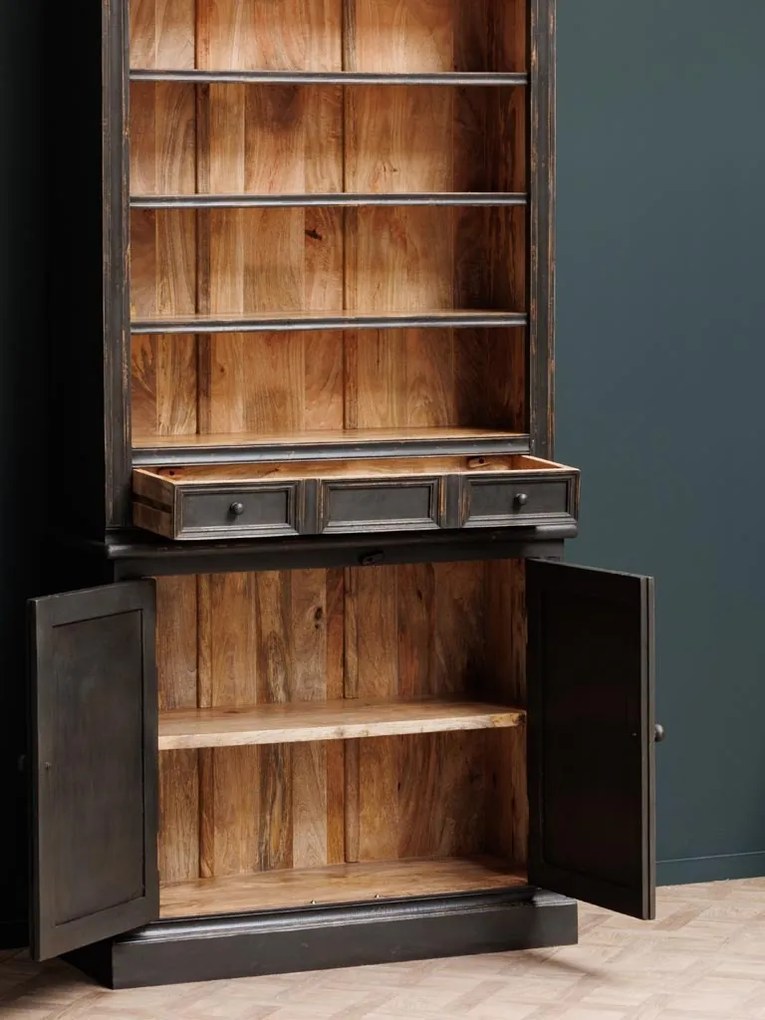 Biblioteca din lemn de mango, cu 6 rafturi, un sertar si 2 usi, cu aspect vintage, Valmore