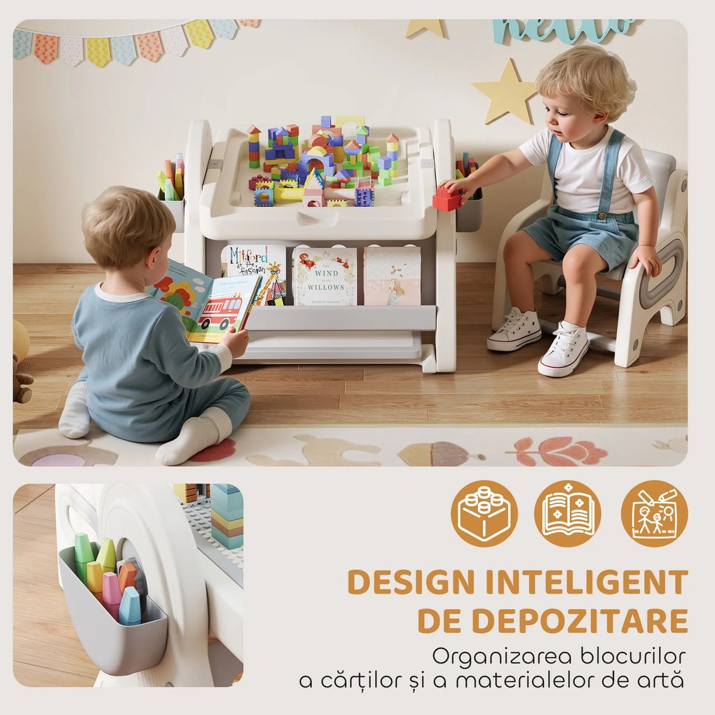 AIYAPLAY Set Masă și Scaun pentru Copii 3 în 1 cu Masă de Construcție, Tablă, Suport Convertibil și Containere, Masă Multiactivitate cu Scaun de Plastic pentru Copii 2-4 Ani pentru Cameră Copii | Aosom Romania
