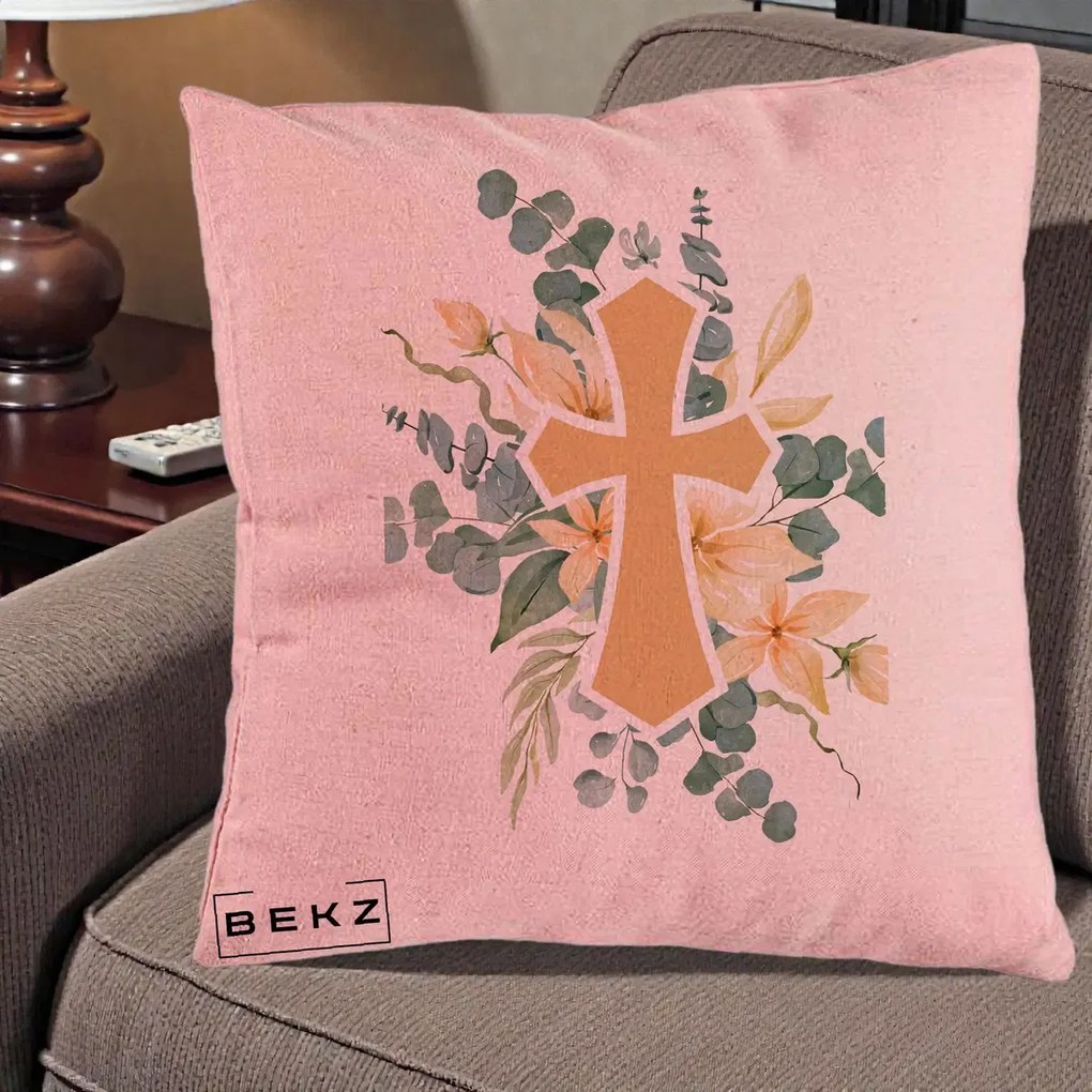 Perna Personalizata Cruce Florala Botez, 40x40 cm, Roz, Husa Detasabila, Perna Inclusa, BEKZ®