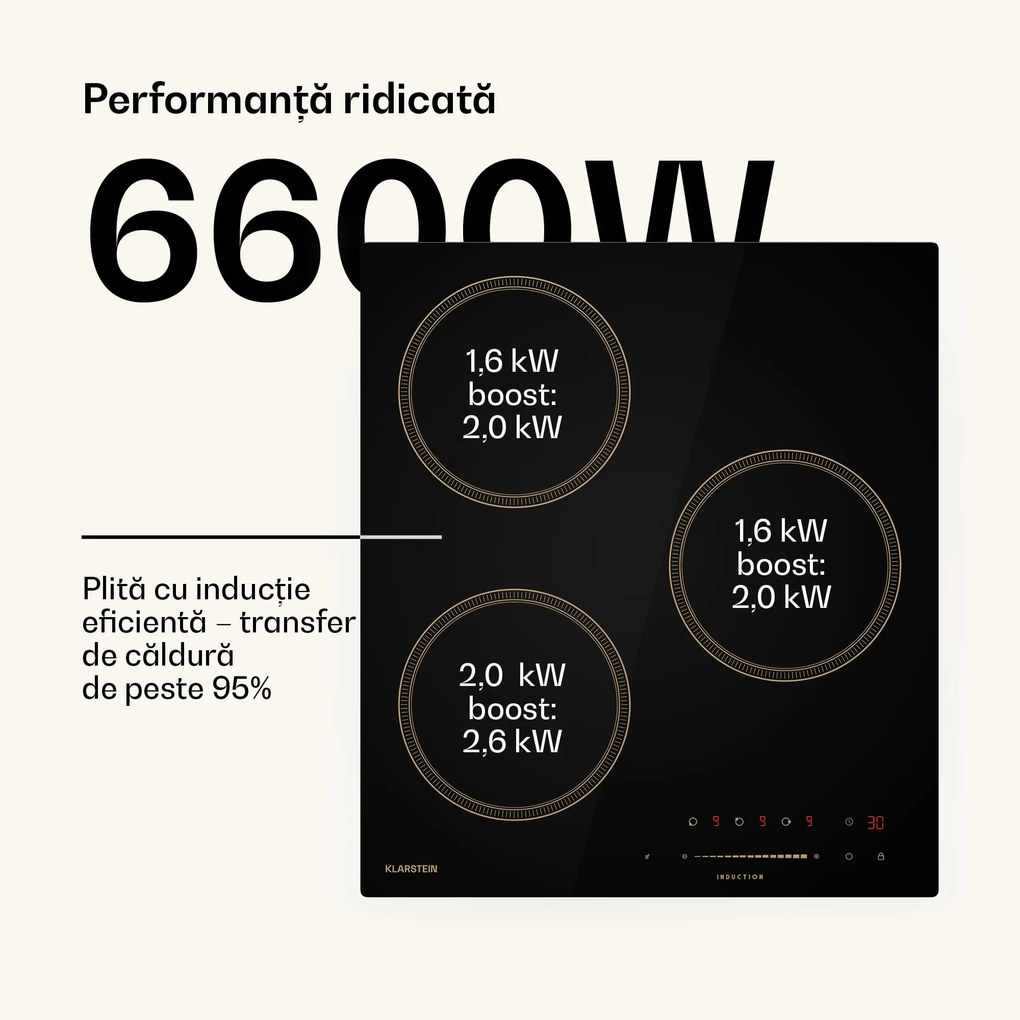 Klarstein Plită cu inducție Victoria, 45 cm, 6 600 W, 3 zone de gătit, control glisant, boost