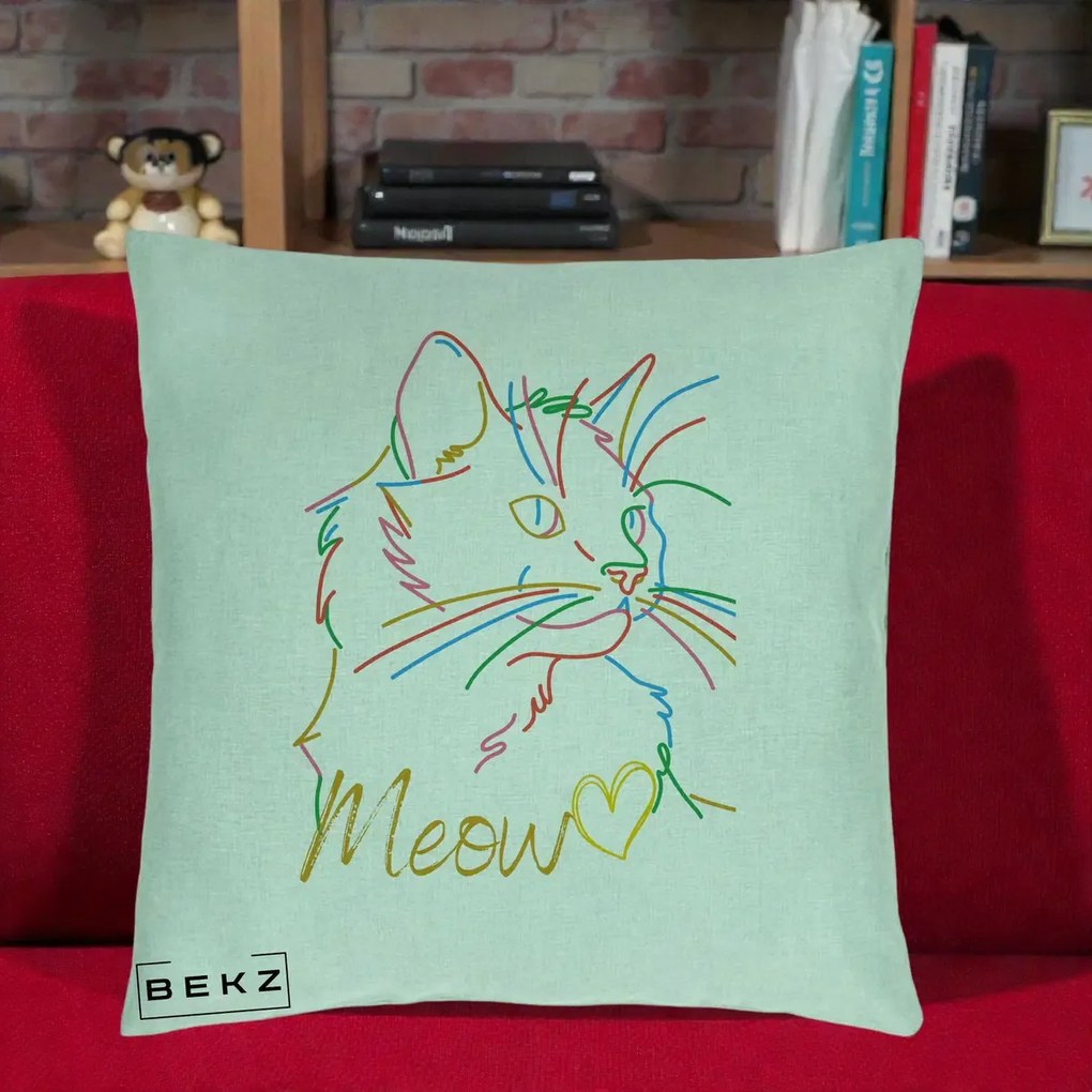 Perna Personalizata Pisica Meow Arta Linie Colorata, 40x40 cm, Verde Menta, Husa Detasabila, Perna Inclusa, BEKZ®
