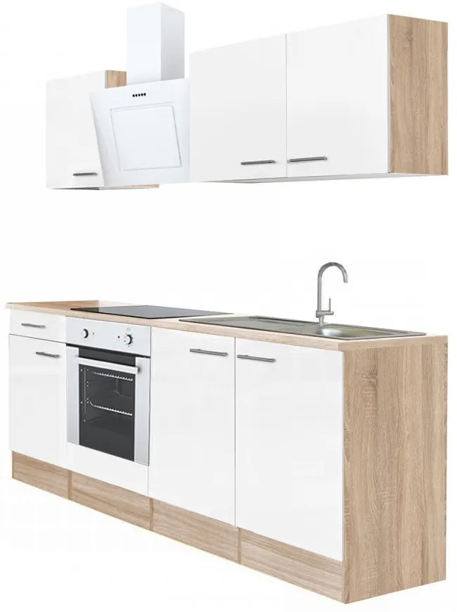 Mobilă de bucătărie Yorki 210, corp din stejar sonoma, față alb satinat cu element inferior al cuptorului