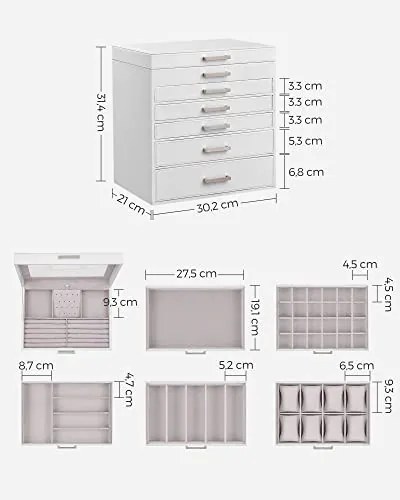 Cutie Bijuterii cu 6 Compartimente, MDF / Catifea, Alb, Vasagle, JBC138