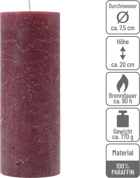 Set de lumânări rustice, 20 cm, Ø 7,5 cm, burgundy, 6 buc