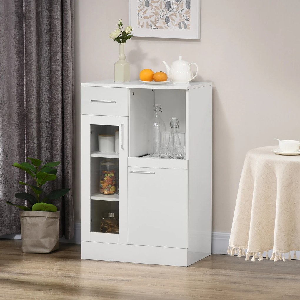 HOMCOM Dulapior cu Sertare și Dulap din Lemn și Sticlă Design Modern pentru Bucătărie sau Living 60x40x95cm Alb | Aosom Romania