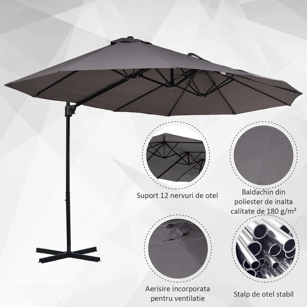 Umbrela Dubla Outsunny, Poliester Anti-UV Impermeabila Gri 270x460x250cm | Aosom RO