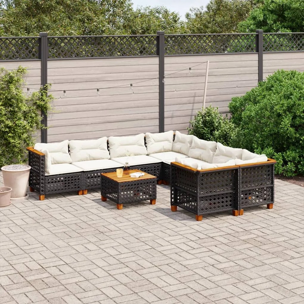 Set mobilier de gradina cu perne, 9 piese, negru, poliratan