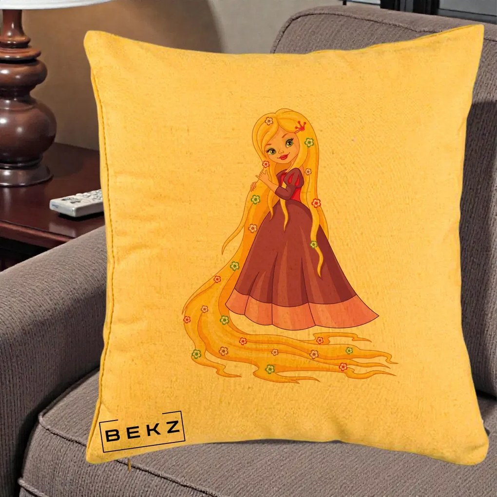 Perna Personalizata Rapunzel Par Lung Floral, 40x40 cm, Galben, Husa Detasabila, Perna Inclusa, BEKZ®