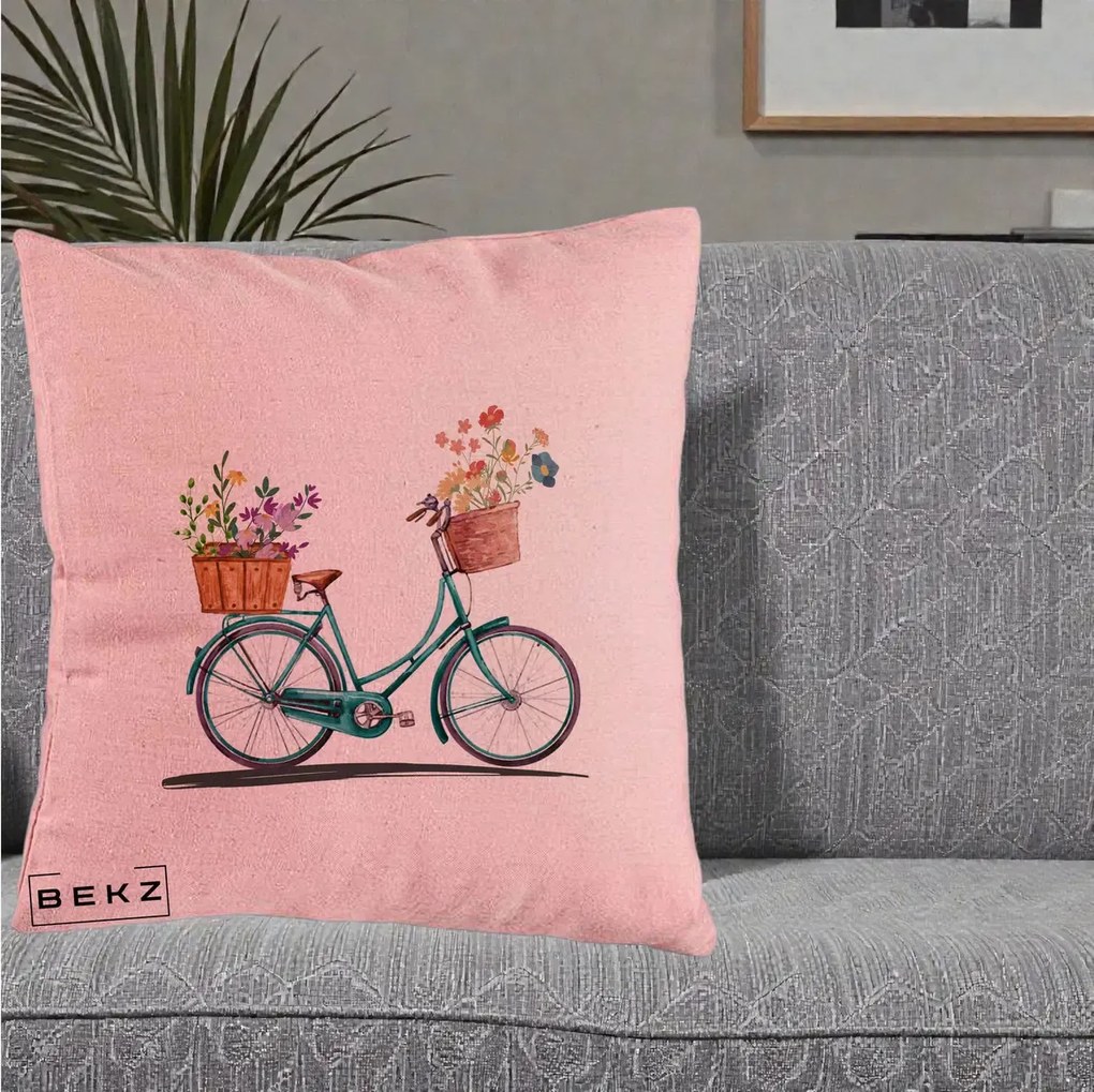 Perna Decorativa Bicicleta Florala Turcoaz Acuarela, 40x40 cm, Roz, Husa Detasabila, Perna Inclusa, BEKZ®