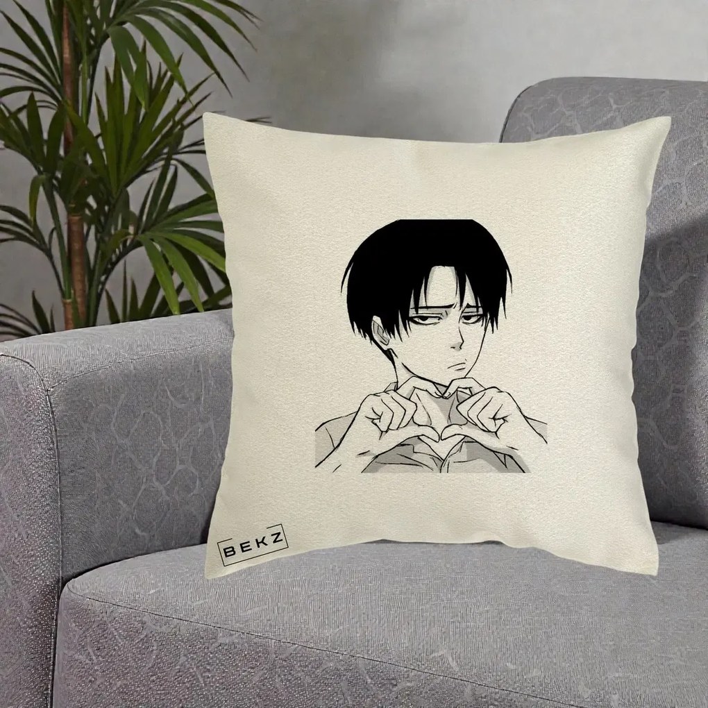 Perna Personalizata Levi Ackerman Inima, 40x40 cm, Ecru, Husa Detasabila, Perna Inclusa, BEKZ®