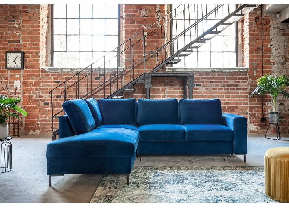 Colțar albastru închis extensibil cu tapițerie din catifea (cu colț pe partea stângă ) Lofty Lilly – Miuform