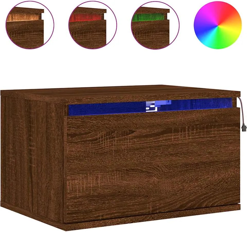 vidaXL Noptieră montată pe perete cu lumini LED, stejar maro