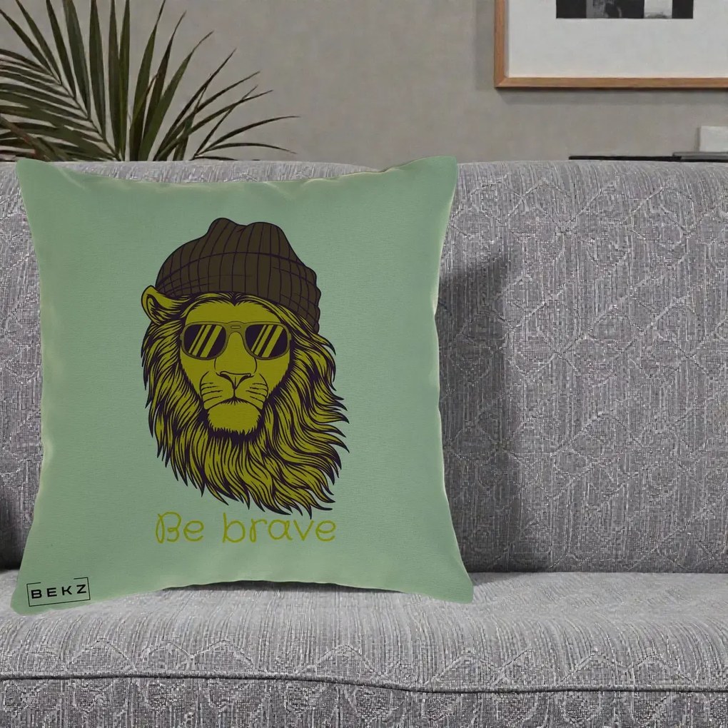 Perna Decorativa Leu Hipster Be Brave, 40x40 cm, Verde, Husa Detasabila, Perna Inclusa, BEKZ®