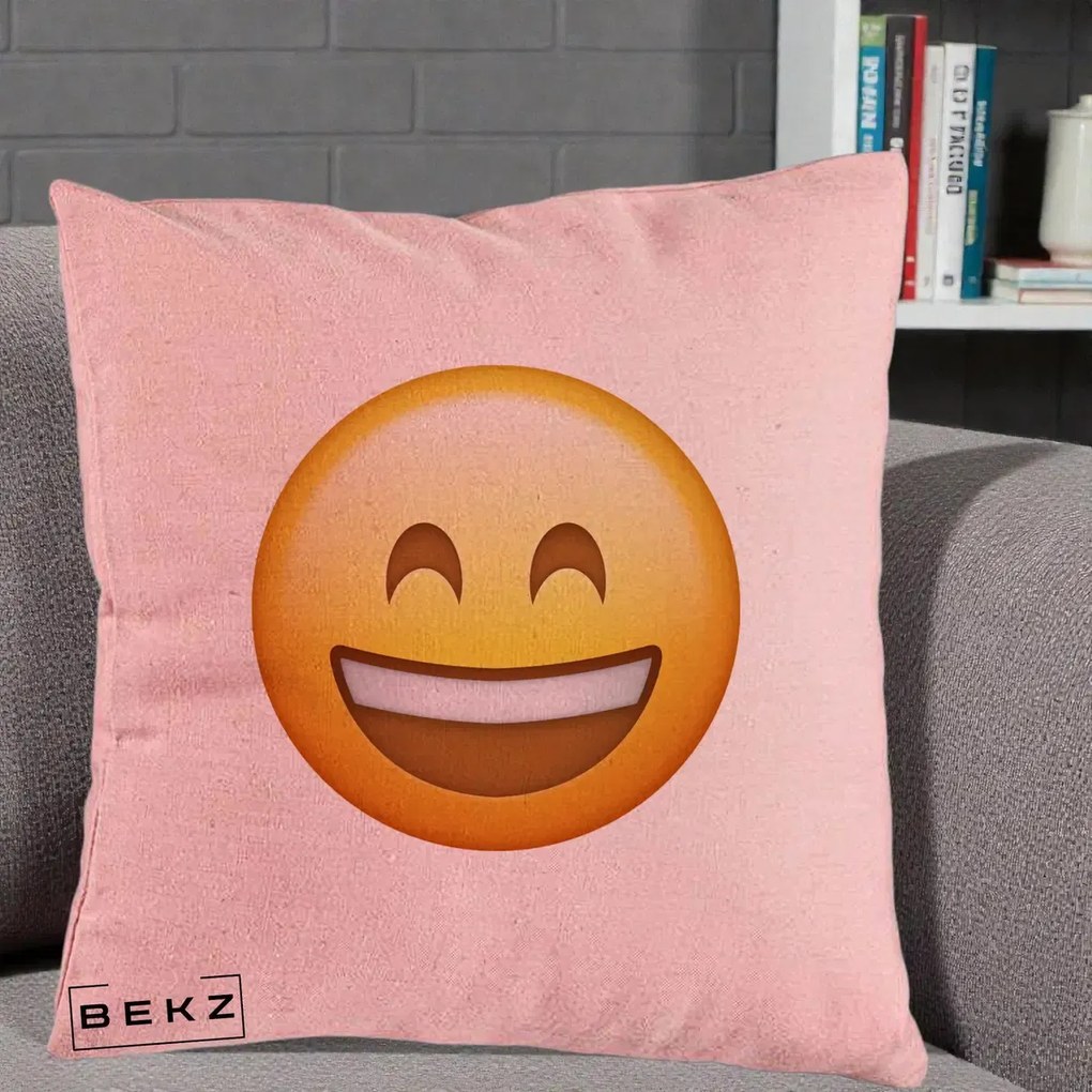 Perna Decorativa Emoji Zambet Mare, 40x40 cm, Roz, Husa Detasabila, Perna Inclusa, BEKZ®