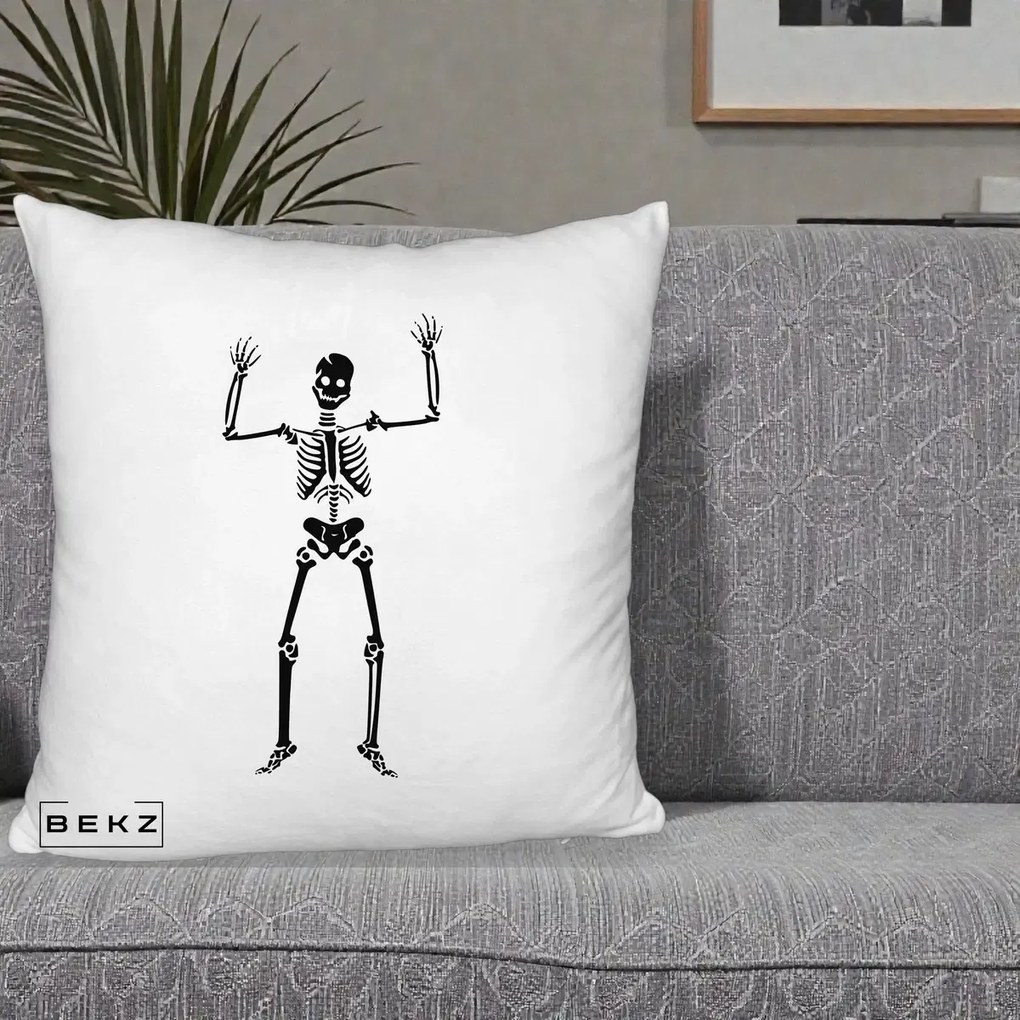 Perna Decorativa Halloween Schelet Dansator, 40x40 cm, Alb Pufos, Husa Detasabila, Perna Inclusa, BEKZ®