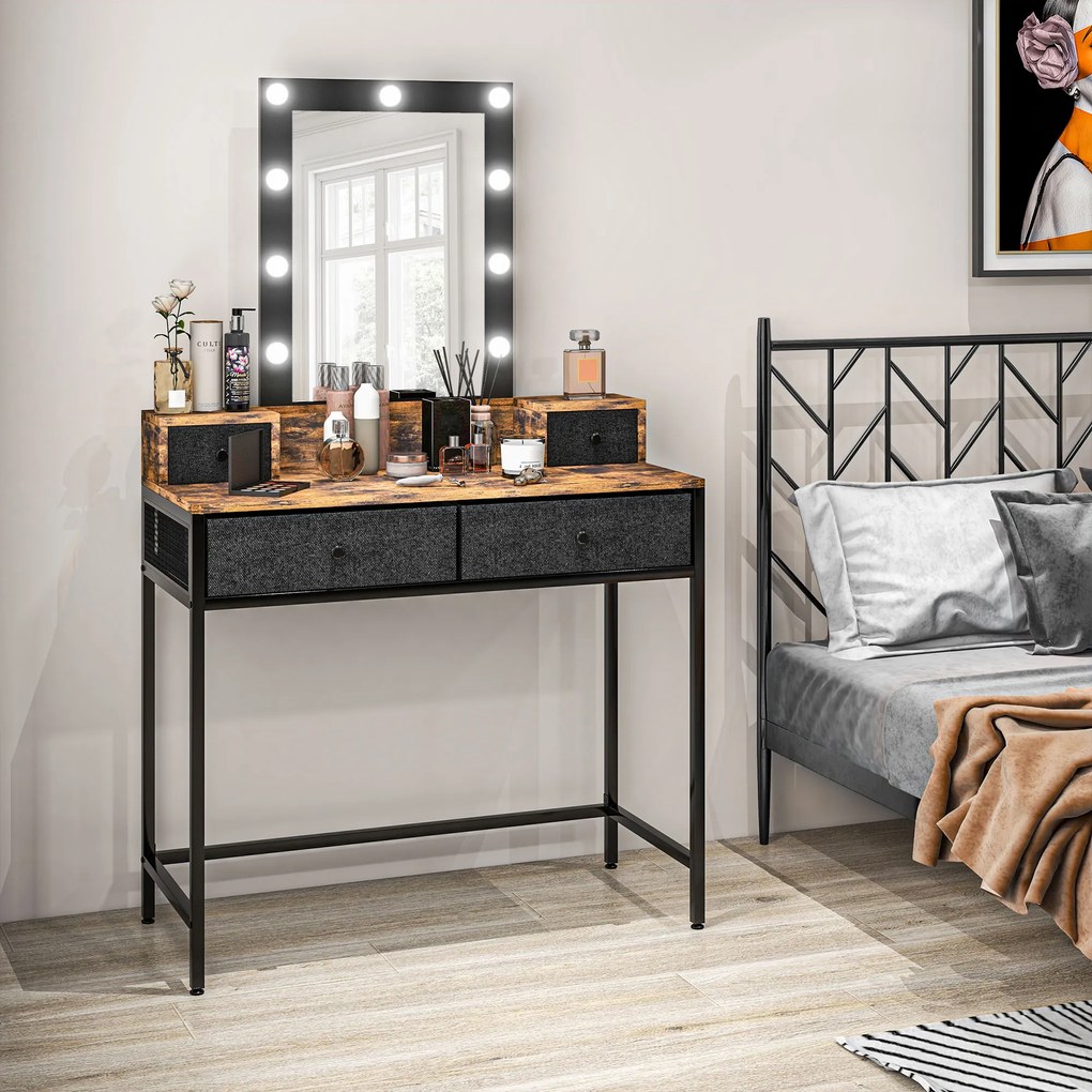 HOMCOM Coafare masă de machiaj oglindă LED reglabilă integrată - picior metalic negru - 4 sertare din material textil - Aspect lemn întunecat | Aosom Romania