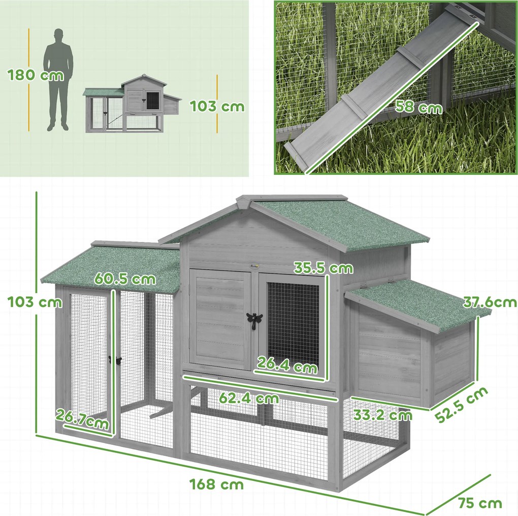 PawHut Cotet pentru găini din lemn adăpost cu tarc exterior cuib rampă tavă extractabilă pentru 2-4 găini 168x75x103cm Gri | Aosom Romania