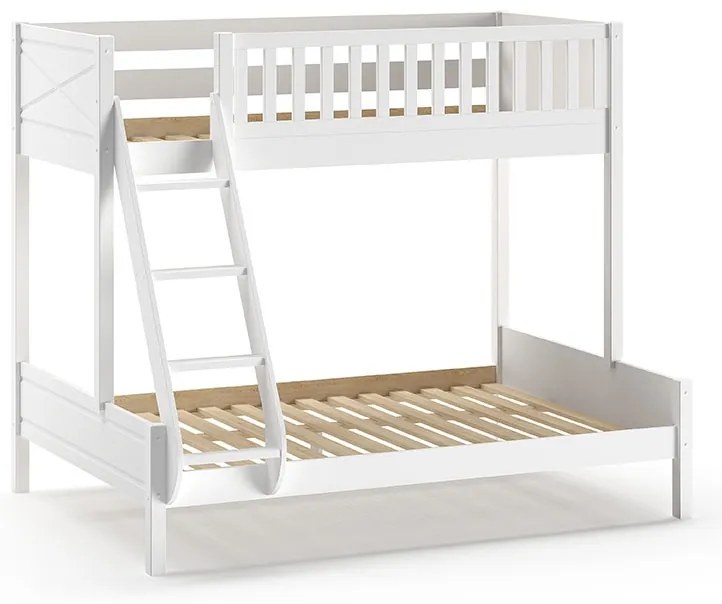 Pat supraetajat pentru familie SCOTT, alb, 140 x 200 cm + 90 x 200 cm, din pin scandinav și MDF, cu somiere incluse – Vipack