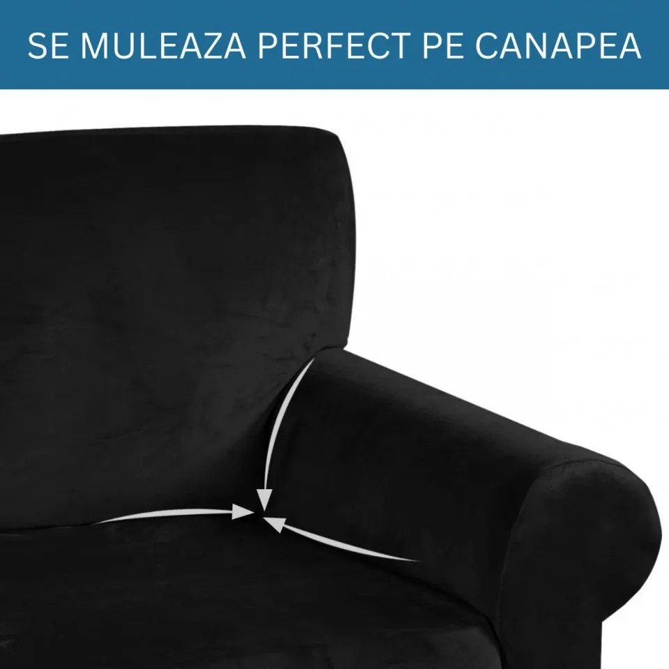 Set huse elastice din catifea pentru canapea 3 locuri + 2 fotolii, cu brate, negru, HCCJS-01