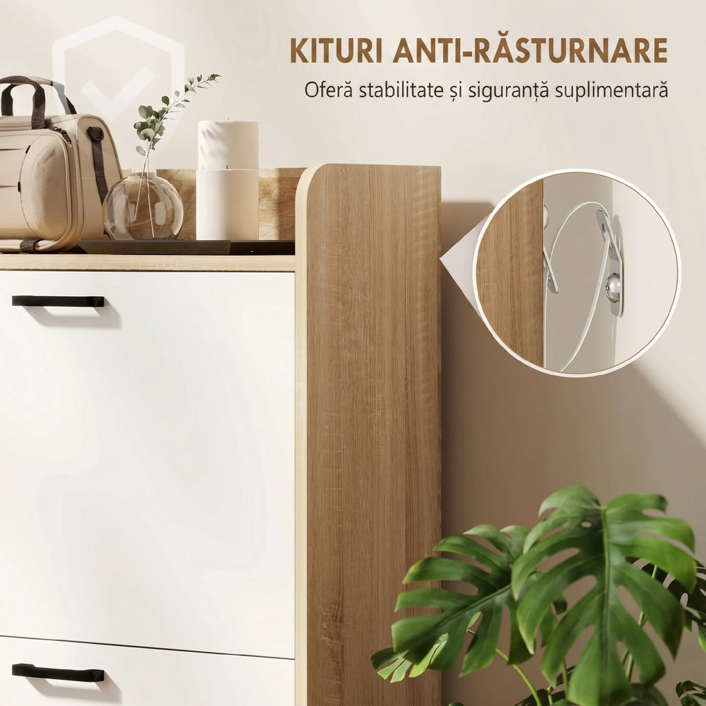 HOMCOM Dulap Slim pentru Pantofi cu 2 Sertare Rabatabile și 3 Compartimente, Capacitate 15 Perechi, 83x24x90,5 cm, Lemn și Alb | Aosom Romania