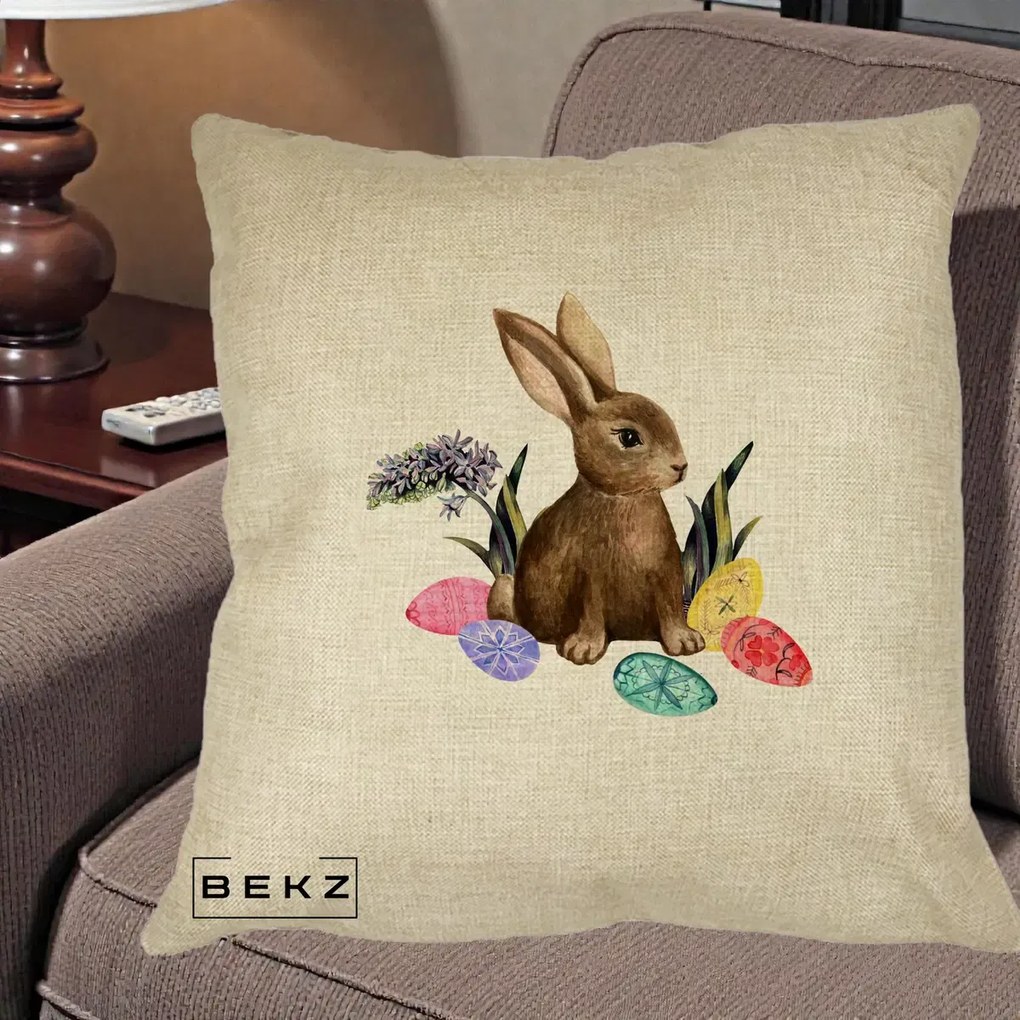 Perna Decorativa Iepuras cu Oua de Pasti Acuarela, 40x40 cm, Crem, Husa Detasabila, Perna Inclusa, BEKZ®