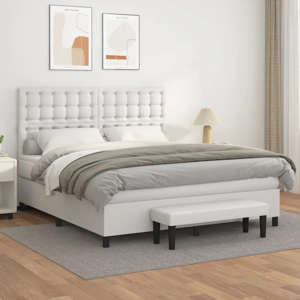 3137672 vidaXL Pat box spring cu saltea, alb, 160x200 cm, piele ecologică