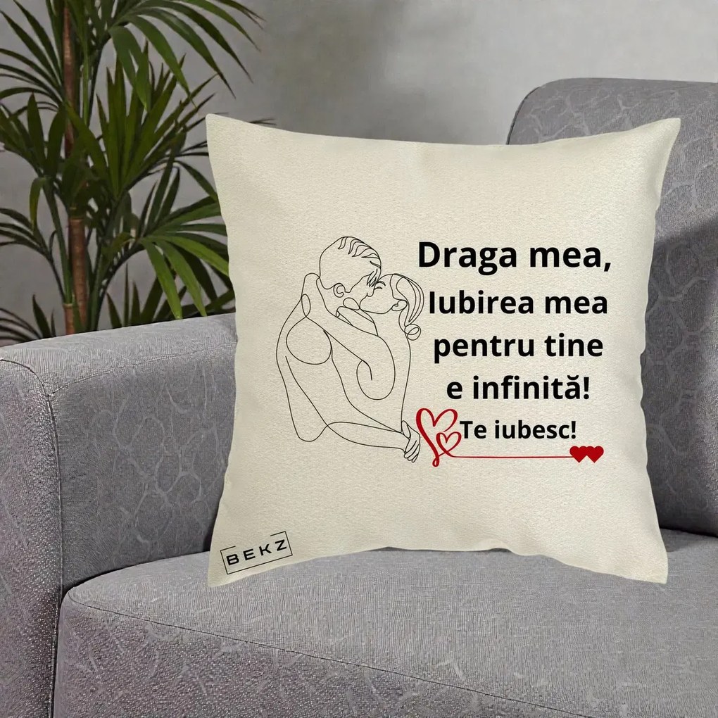 Cadou pentru Iubita - Perna Personalizata Draga Mea Iubirea Mea pentru Tine e Infinita Te Iubesc, 40x40 cm, Ecru, Husa Detasabila, Perna Inclusa, BEKZ®