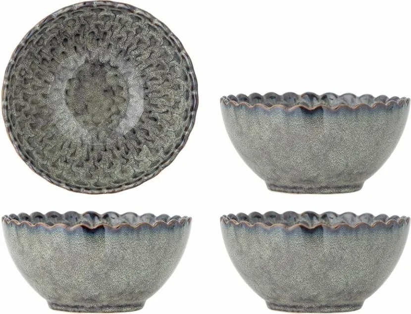 Set 4 boluri din ceramică, gri, margine ondulată și model marin în relief, glazură reactivă, 7,5 x 15,5 cm, „Katrina”
