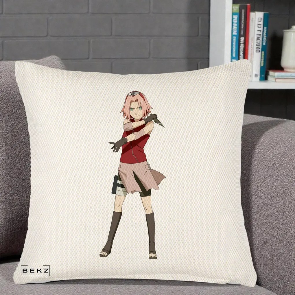 Perna Personalizata Naruto Sakura Haruno Portret, 40x40 cm, Crem Reliefat, Husa Detasabila, Perna Inclusa, BEKZ®