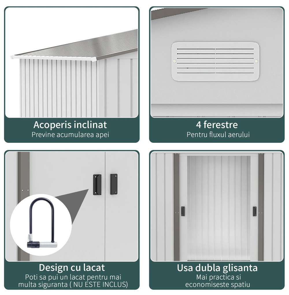 Outsunny Magazie Grădină cu Uși Glisante Duble, Sopron din Oțel și PP, Dimensiune Mare, Argintiu | Aosom Romania