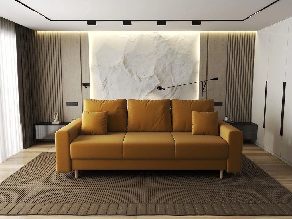 Canapea extensibilă dumonde cu ladă de depozitare si sezut confortabil din spuma high-density, Kronos Royal Mustar 210x100 cm