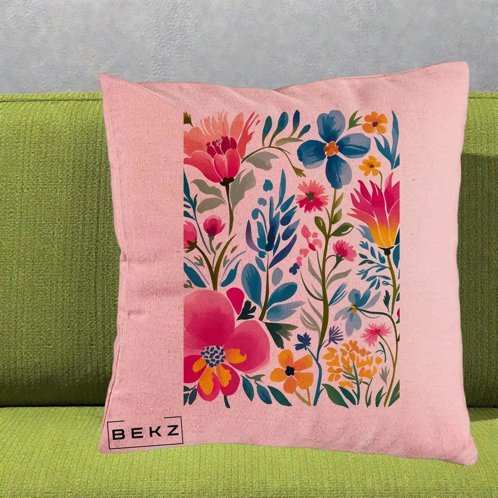 Perna Decorativa Gradina Florala Acuarela Colorata, 40x40 cm, Roz, Husa Detasabila, Perna Inclusa, BEKZ®