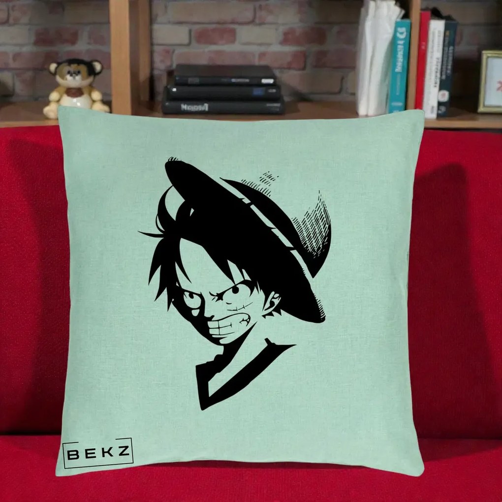 Perna Personalizata One Piece Luffy Silueta Alb-Negru, 40x40 cm, Verde Menta, Husa Detasabila, Perna Inclusa, BEKZ®