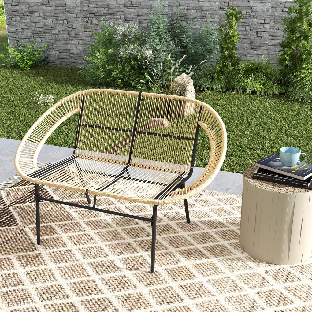 Outsunny Fotoliu de gradina pentru doua persoane din Polyrattan, rezistent la intemperii, imprimat cu design impletit din ratan, rezistent la UV, 260kg capacitate de incarcare, Kaki | Aosom Romania