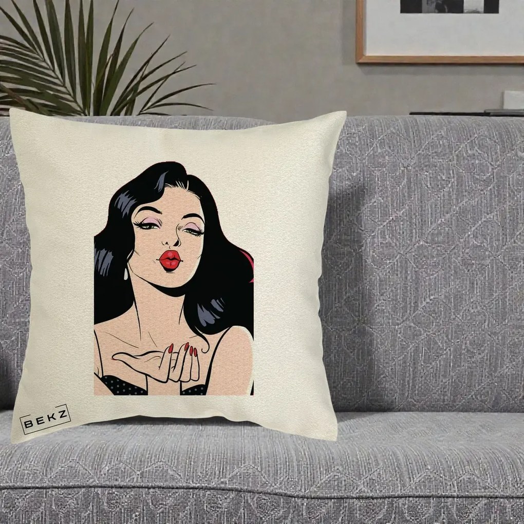Perna Decorativa Femeie Pop-Art Kiss, 40x40 cm, Ecru, Husa Detasabila, Perna Inclusa, BEKZ®