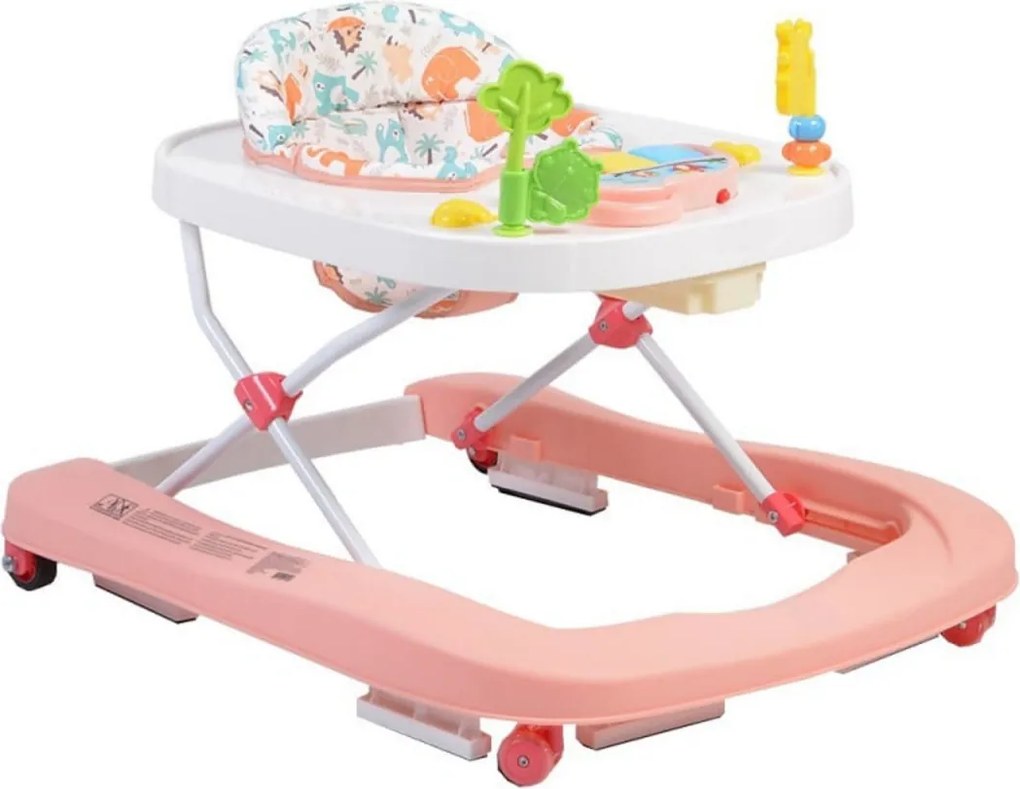 Premergator Premium reglabil in 3 trepte de inaltime NOVOKIDS™ ZooZoo Baby ,Roti silentioase din silicon, Cu melodii, Animalute, Pliabil, Roz