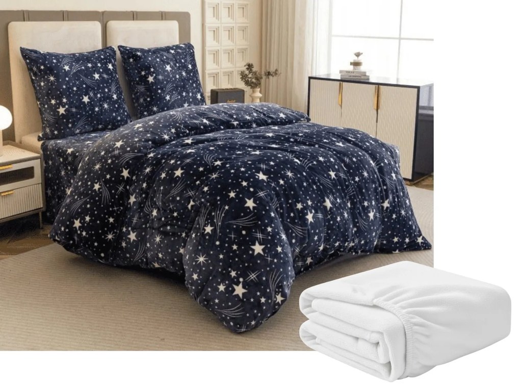 Set lenjerie cocolino STARLIGHT albastru inchis + cearsaf Cocolino microplus SOFT 90x200 cm alb, pentru un pat simplu