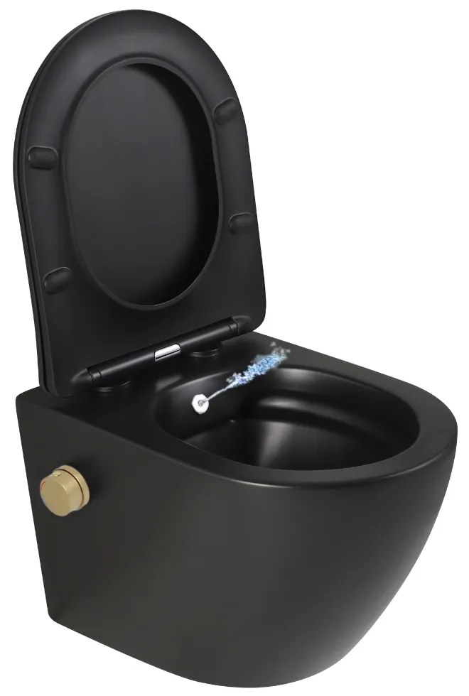 Vas wc suspendat cu functie bideu, negru mat, apa calda rece, rimless, baterie inclusa auriu mat Foglia Oslo Baterie auriu mat