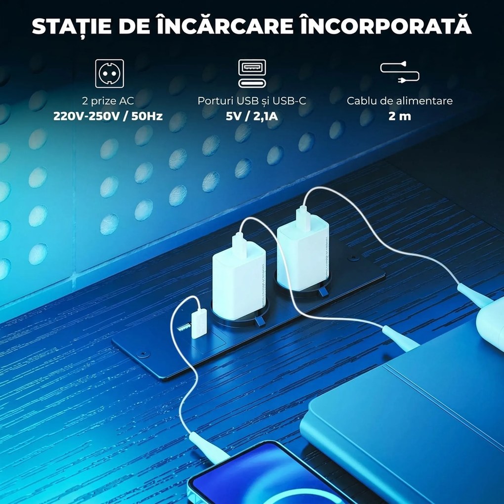 HOMCOM Birou Gaming în formă de L cu prize multiple, LED-uri, 165x80 cm, birou PC cu 2 sertare din material textil, 2 rafturi deschise, măsuță laterală și 2 suporturi monitor, din PAL și oțel, Negru | Aosom Romania