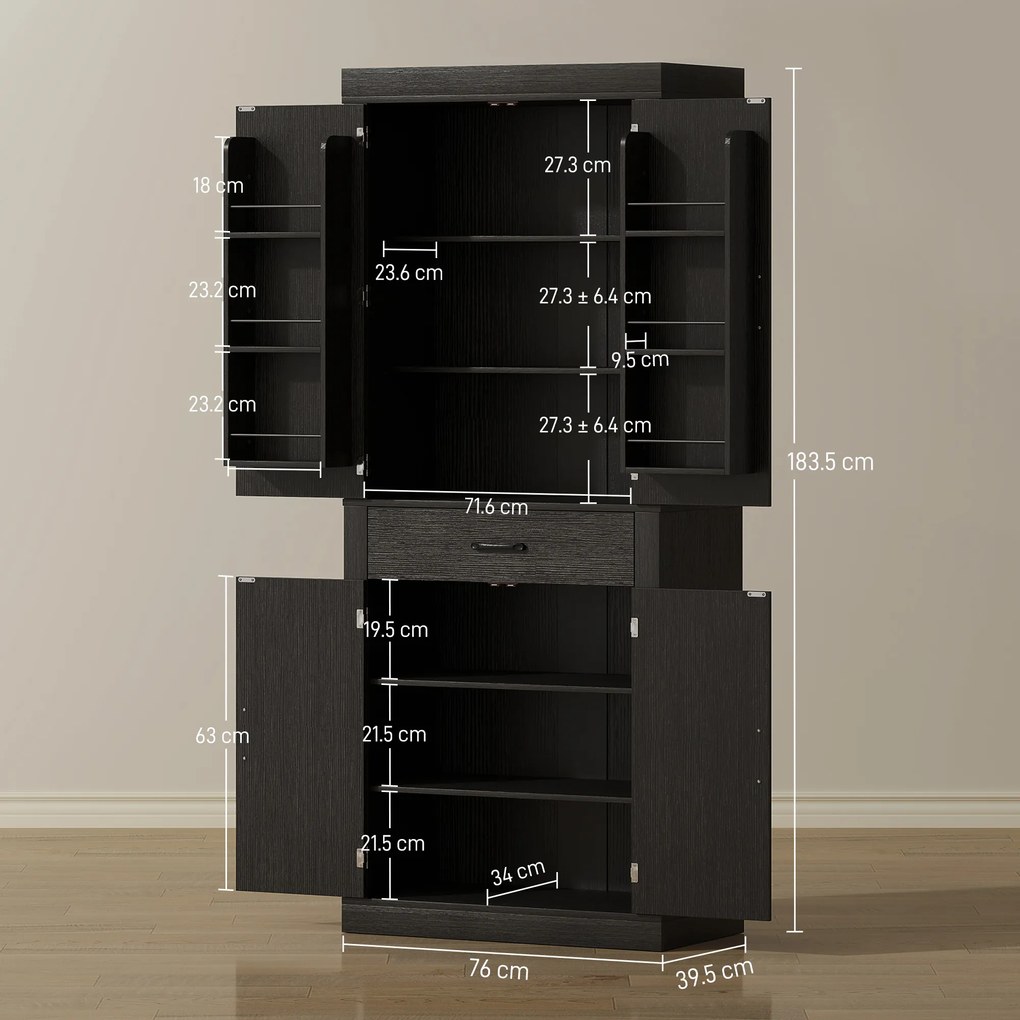 HOMCOM Dulap cămară de bucătărie în stil country, cu 2 dulapuri, 6 rafturi și sertar, din lemn, 76 x 39,5 x 183,5 cm, negru | Aosom Romania