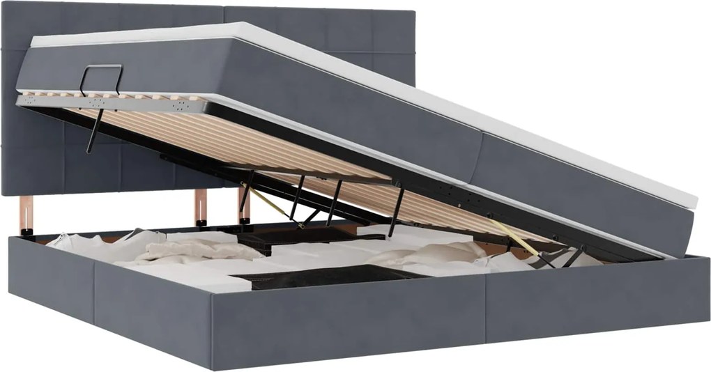 vidaXL Pat cu saltea și spațiu de depozitare Gri închis 200 x 200 cm