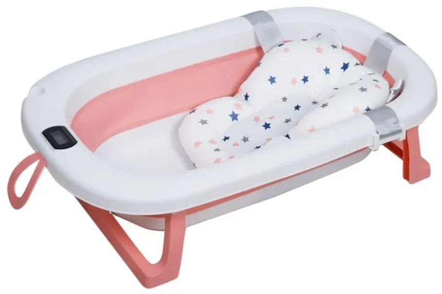 Cadita pliabila cu termometru electronic, hamac ajustabil si dop Kidizi Folda pink, certificat EN71, include furtun scurgere si baza antialunecare, 0-24 luni