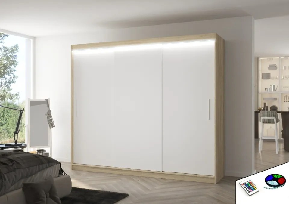 Dulap cu usi glisante si iluminare LED, Antos 250 + LED, 250 cmx200 cmx58 cm, ADRK Furniture (Culoare: Alb)