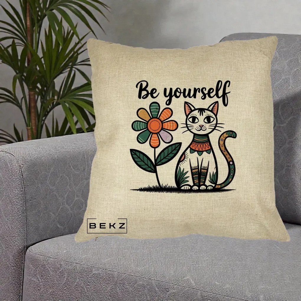 Perna Personalizata Be Yourself Pisica Folk, 40x40 cm, Crem, Husa Detasabila, Perna Inclusa, BEKZ®