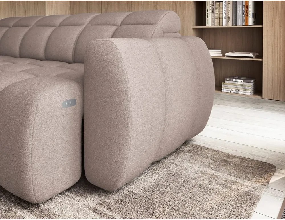 Colțar maro deschis extensibil/cu spațiu de depozitare cu tapițerie din țesătură bouclé (cu colț pe partea stângă/în formă de ”L”) Falconn – ELTAP