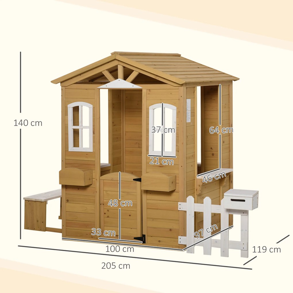 Outsunny Cabana de joc pentru copii casa de gradina din lemn cu usa si ferestre, banc, cutie postala, garda, 3-6 ani | Aosom Romania