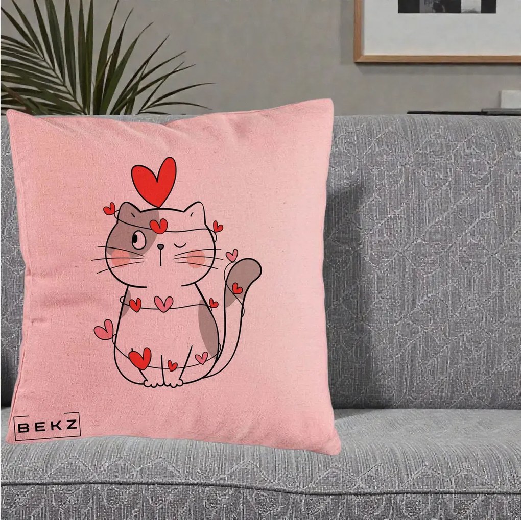 Perna Decorativa Pisica Kawaii cu Inimi, 40x40 cm, Roz, Husa Detasabila, Perna Inclusa, BEKZ®